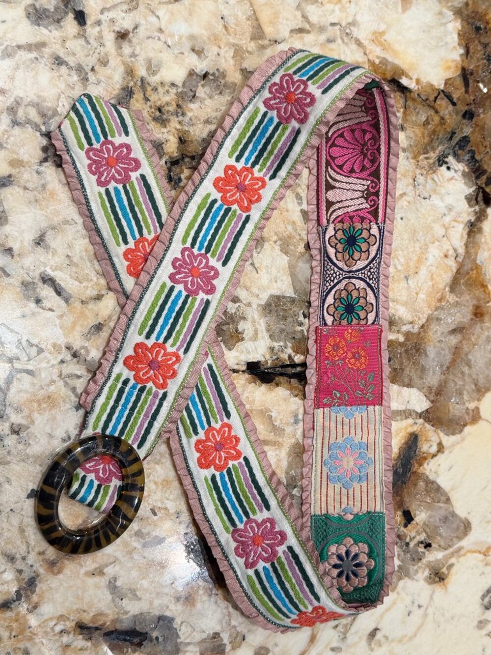 Hadley Pollet Ribbon Belt Double Sided Floral Embroidered Tortoise Buckle